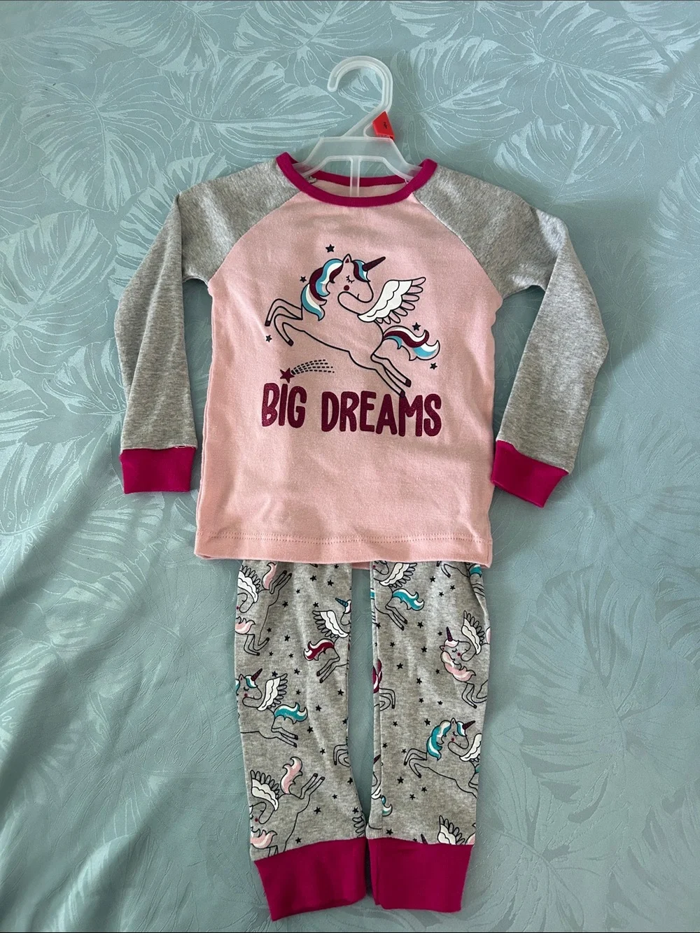 wonder nation Pink & Gray Unicorn 'Big Dreams' Pajama Set with Fuchsia Trim